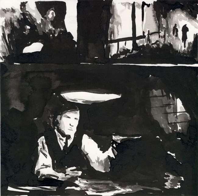 Untitled. ink on paper, 8”x8”, 2012. from 8×8 Pan & Scan. Drawing by Patrick Dew.