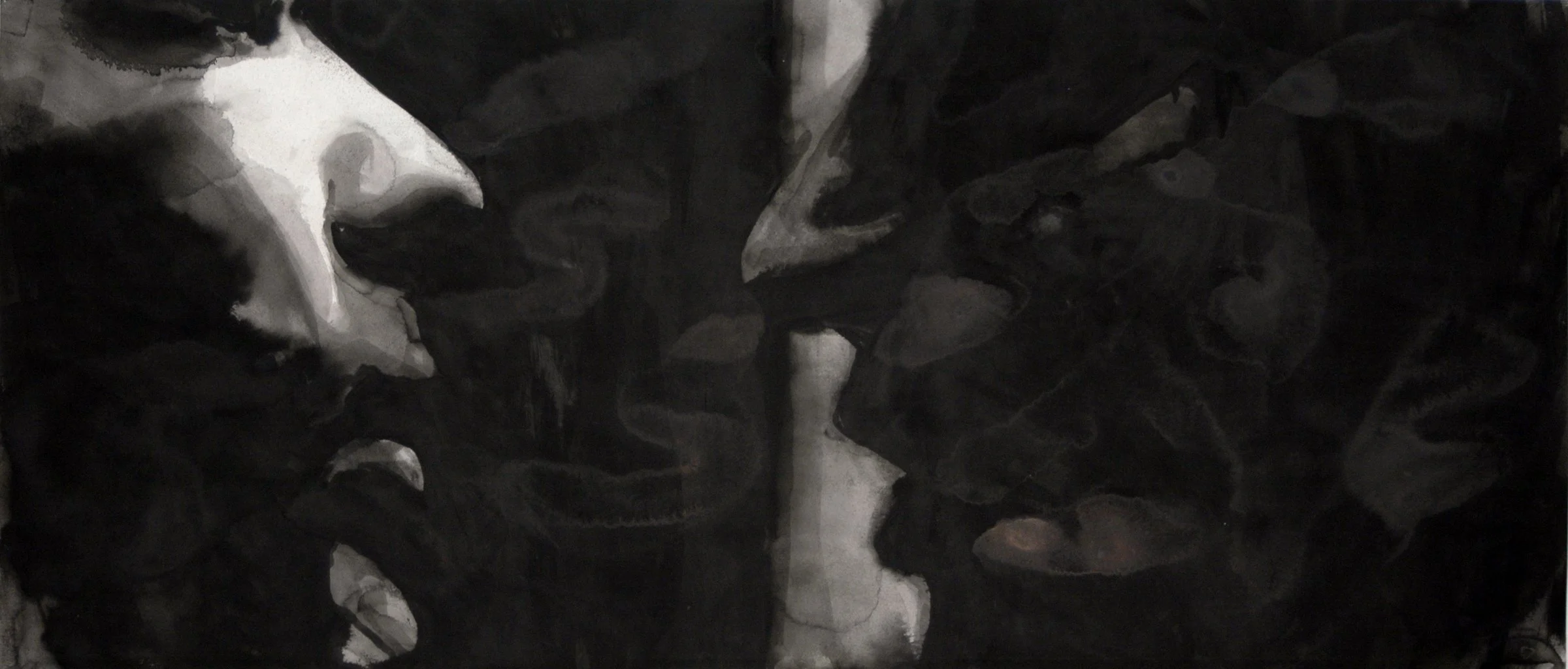 Untitled (two-shot). ink on paper, 24”x55”, 2008. from sequence: meta-noir narratives series 1. Drawing by Patrick Dew.