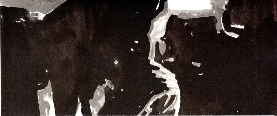 Remember, frame a02. inkjet wet print or ink on paper, 4.25”x10”, 2008. from sequence: meta-noir narratives series 3. Drawing by Patrick Dew.
