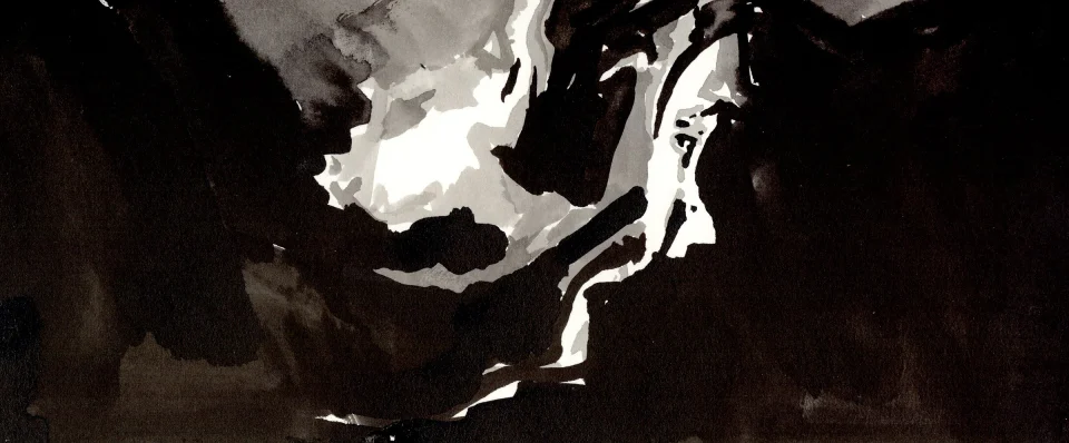Remember, frame a04. inkjet wet print or ink on paper, 4.25”x10”, 2008. from sequence: meta-noir narratives series 3. Drawing by Patrick Dew.