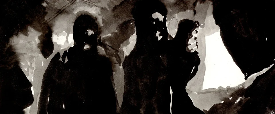 Remember, frame a05. inkjet wet print or ink on paper, 4.25”x10”, 2008. from sequence: meta-noir narratives series 3. Drawing by Patrick Dew.