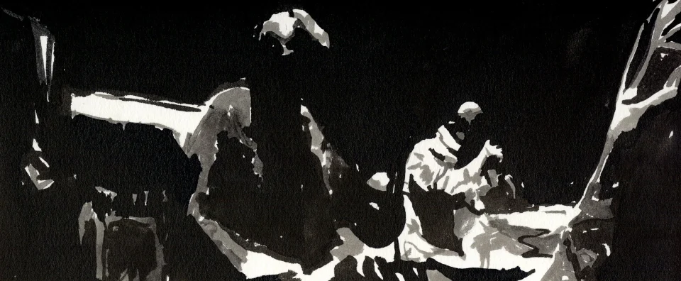 Remember, frame a11. inkjet wet print or ink on paper, 4.25”x10”, 2008. from sequence: meta-noir narratives series 3. Drawing by Patrick Dew.