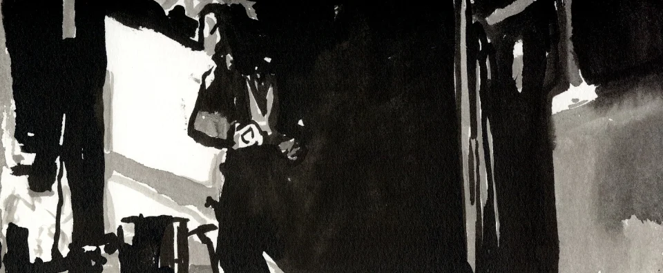 Remember, frame a13. inkjet wet print or ink on paper, 4.25”x10”, 2008. from sequence: meta-noir narratives series 3. Drawing by Patrick Dew.