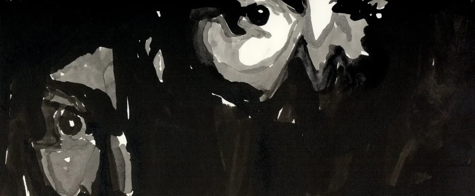 Remember, frame a14. inkjet wet print or ink on paper, 4.25”x10”, 2008. from sequence: meta-noir narratives series 3. Drawing by Patrick Dew.