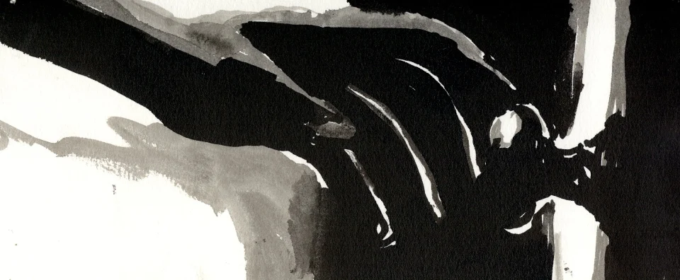 Remember, frame a15. inkjet wet print or ink on paper, 4.25”x10”, 2008. from sequence: meta-noir narratives series 3. Drawing by Patrick Dew.