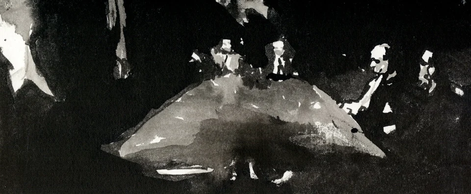 Remember, frame b07. inkjet wet print or ink on paper, 4.25”x10”, 2008. from sequence: meta-noir narratives series 3. Drawing by Patrick Dew.