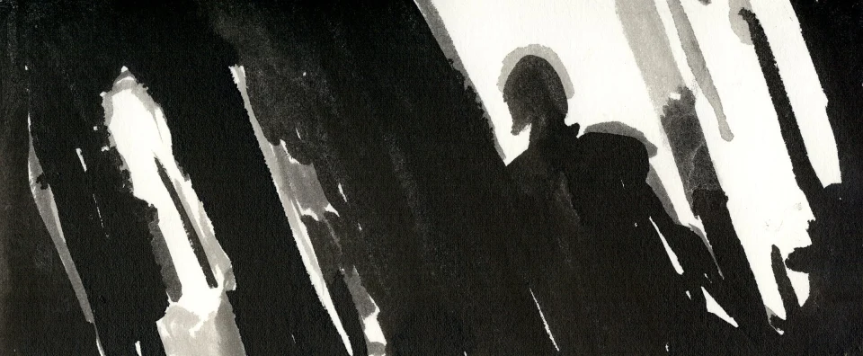 Remember, frame b09. inkjet wet print or ink on paper, 4.25”x10”, 2008. from sequence: meta-noir narratives series 3. Drawing by Patrick Dew.