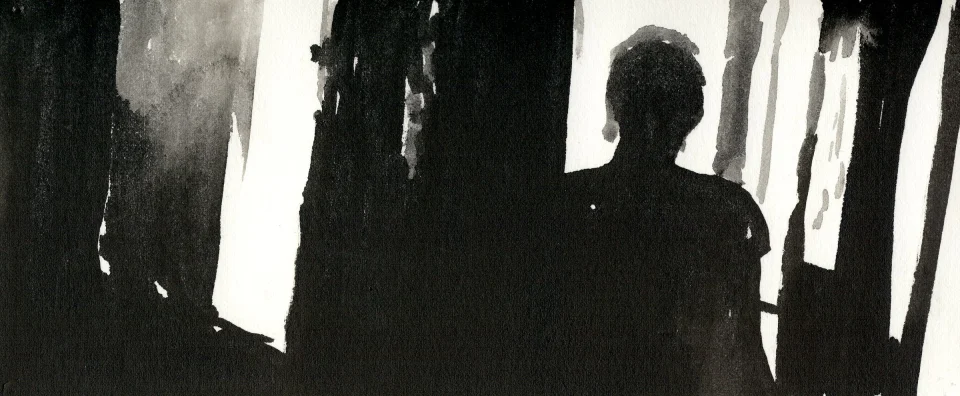 Remember, frame b10. inkjet wet print or ink on paper, 4.25”x10”, 2008. from sequence: meta-noir narratives series 3. Drawing by Patrick Dew.
