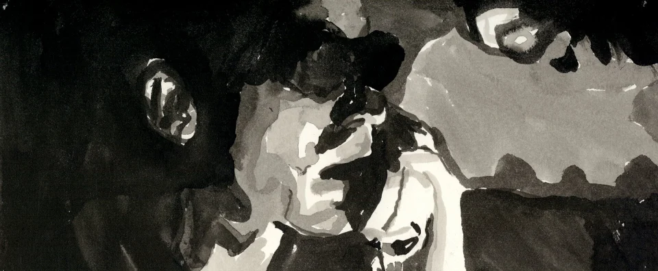Remember, frame b12. inkjet wet print or ink on paper, 4.25”x10”, 2008. from sequence: meta-noir narratives series 3. Drawing by Patrick Dew.