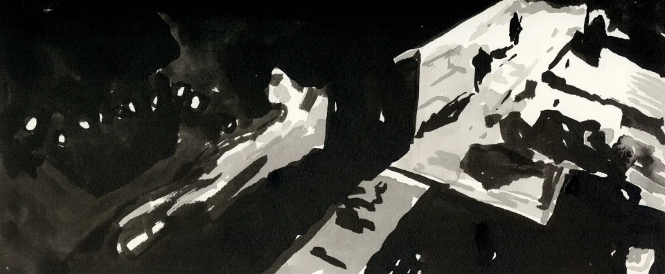 Remember, frame b13. inkjet wet print or ink on paper, 4.25”x10”, 2008. from sequence: meta-noir narratives series 3. Drawing by Patrick Dew.