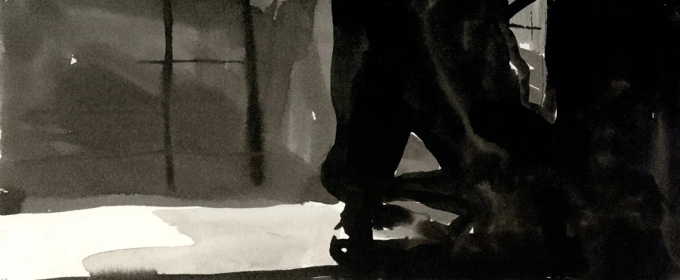 Remember, frame b15. inkjet wet print or ink on paper, 4.25”x10”, 2008. from sequence: meta-noir narratives series 3. Drawing by Patrick Dew.