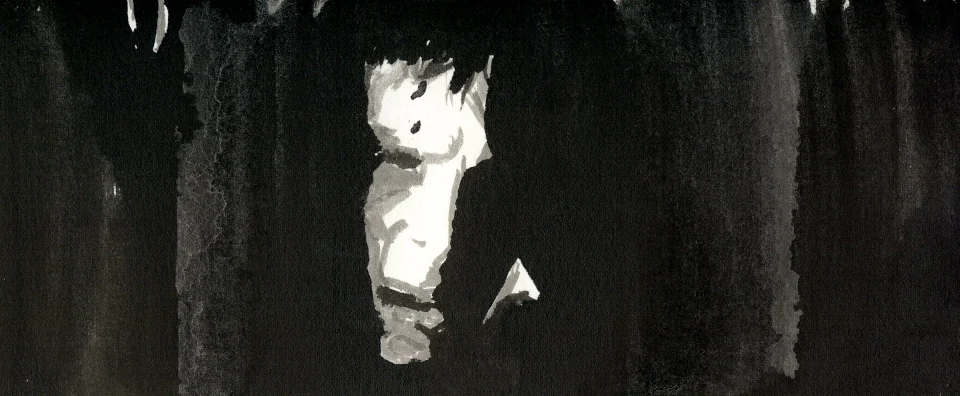 Remember, frame b16. inkjet wet print or ink on paper, 4.25”x10”, 2008. from sequence: meta-noir narratives series 3. Drawing by Patrick Dew.