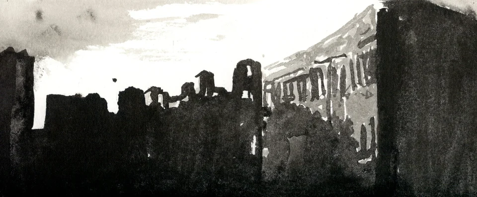 Remember, frame b17. inkjet wet print or ink on paper, 4.25”x10”, 2008. from sequence: meta-noir narratives series 3. Drawing by Patrick Dew.