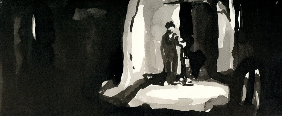Remember, frame c12. inkjet wet print or ink on paper, 4.25”x10”, 2008. from sequence: meta-noir narratives series 3. Drawing by Patrick Dew.