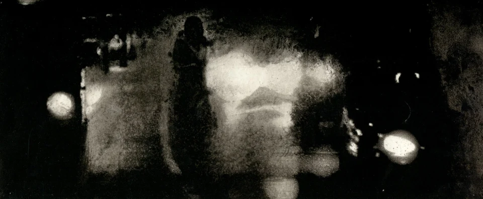 Remember, frame c17. inkjet wet print or ink on paper, 4.25”x10”, 2008. from sequence: meta-noir narratives series 3. Drawing by Patrick Dew.