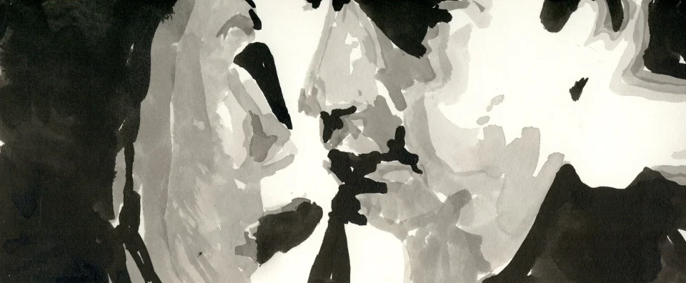 Remember, frame c18. inkjet wet print or ink on paper, 4.25”x10”, 2008. from sequence: meta-noir narratives series 3. Drawing by Patrick Dew.