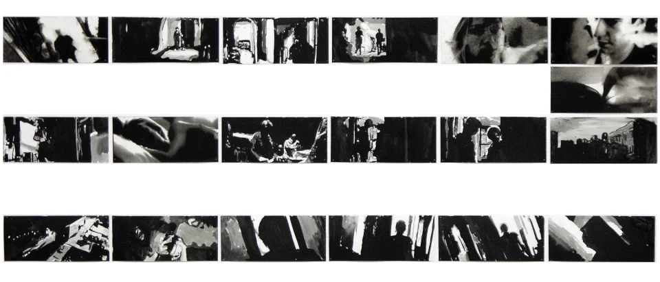 Remember (detail 2). inkjet wet prints & ink drawings on paper, 2008. from sequence: meta-noir narratives series 3. Drawing by Patrick Dew.